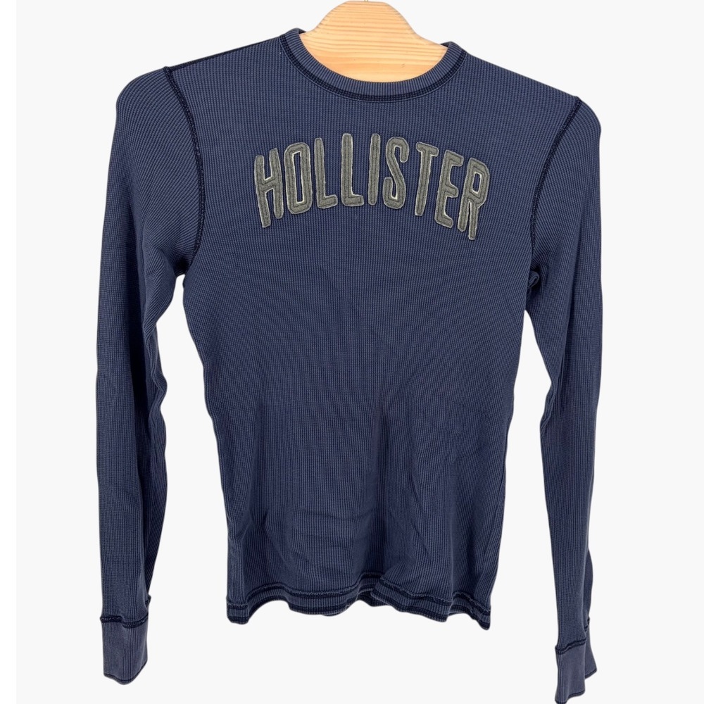 Hollister Thermal Shirt Large Navy Blue Waffle Knit Applique Logo Long Sleeve
